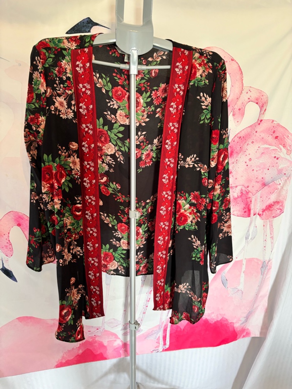 The Pioneer Woman Black Floral Sheer Kimono with Red Trim and Green Accents